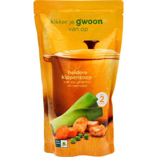 Foto van G'woon Soep in zak heldere kip op witte achtergrond