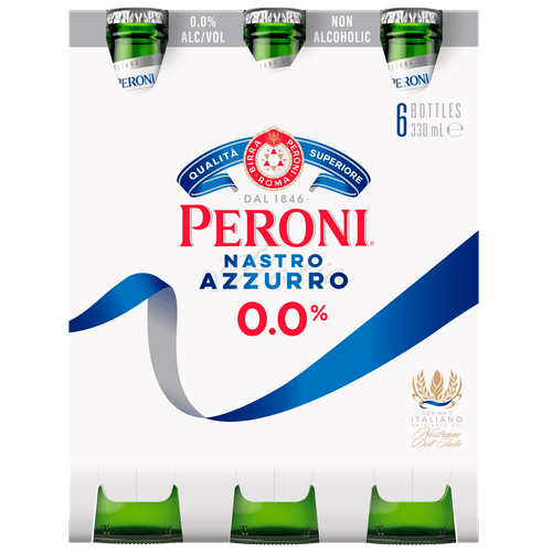 Foto van Peroni Nastro azzurro 0.0% 6x33 cl. op witte achtergrond