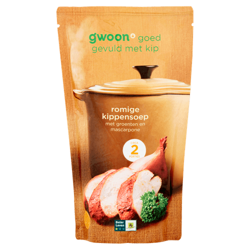 Foto van G'woon Soep in zak romige kippensoep op witte achtergrond