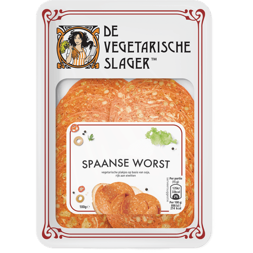 Foto van De Vegetarische Slager Spaanse worst vegetarisch op witte achtergrond