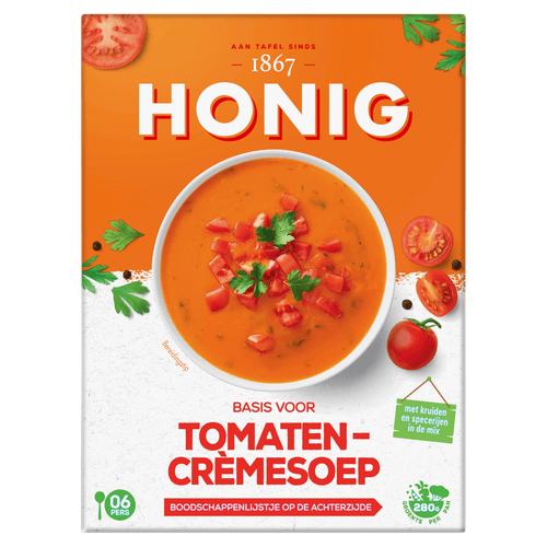 Foto van Honig Tomaten cremesoep op witte achtergrond