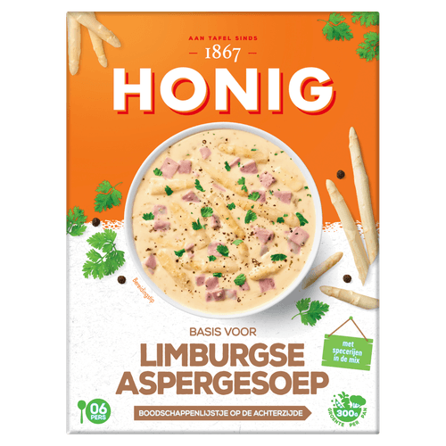 Foto van Honig Limburgse aspergesoep op witte achtergrond