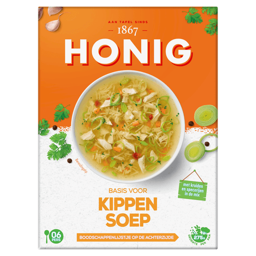 Foto van Honig Kippensoep op witte achtergrond