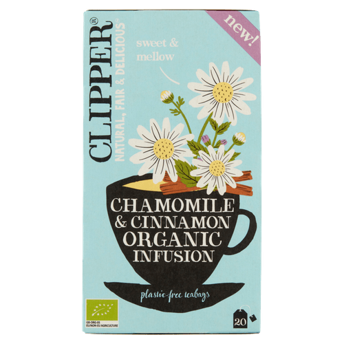 Foto van Clipper Kruidenthee kamille honingbos en kaneel op witte achtergrond