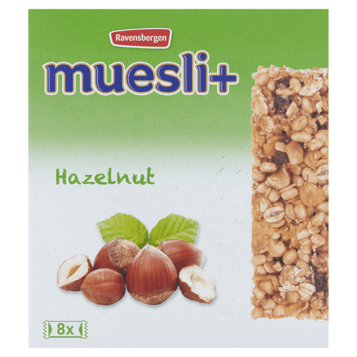 Foto van Muesli+ Hazelnoot 8 st. op witte achtergrond