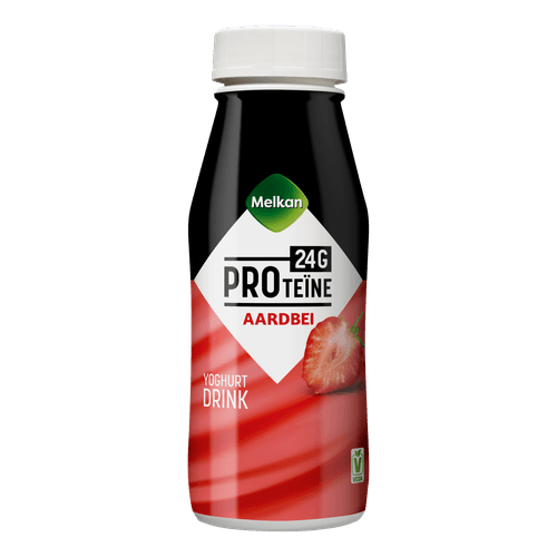 Foto van Melkan Yoghurt drink aardbei op witte achtergrond