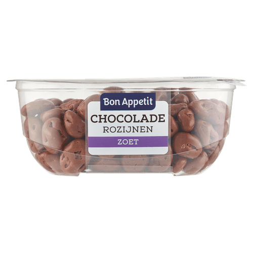Foto van Bon Appetit Chocolade rozijnen op witte achtergrond