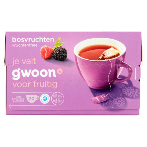 Foto van G'woon Vruchtenthee bosvruchten kop 20 zakjes op witte achtergrond