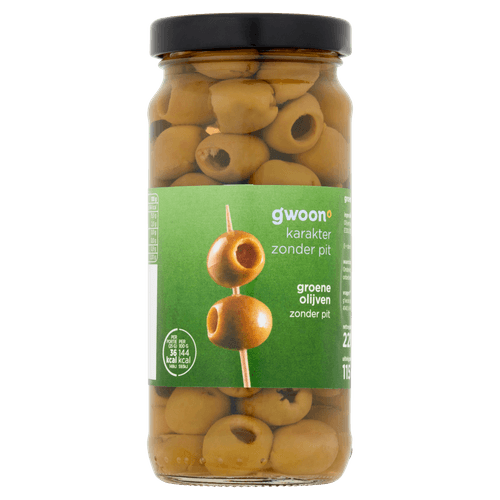 Foto van G'woon Olijven groen zonder pit op witte achtergrond