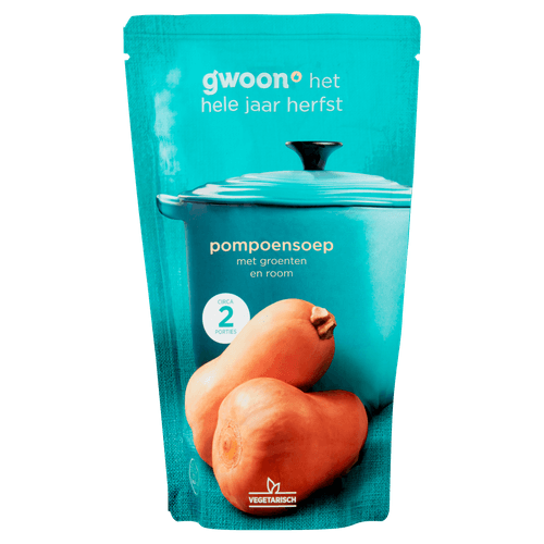 Foto van G'woon Soep in zak pompoensoep op witte achtergrond