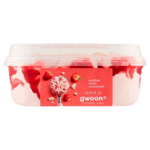 Foto van G'woon Roomijs aardbei witte chocolade op witte achtergrond