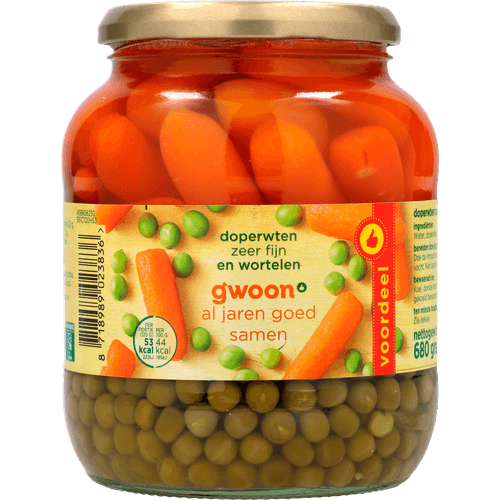 Foto van G'woon Doperwten en wortelen extra fijn op witte achtergrond