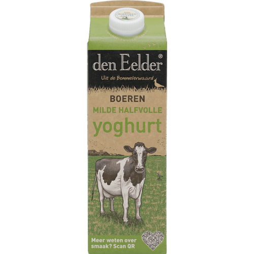 Foto van Den Eelder Boerenyoghurt halfvol op witte achtergrond