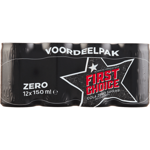 Foto van First Choice Cola Cola zero sugar 12x15 cl op witte achtergrond