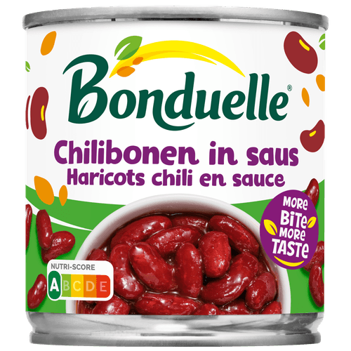 Foto van Bonduelle Chilibonen in saus op witte achtergrond