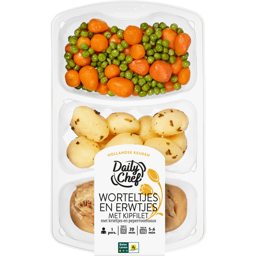 Foto van Daily Chef Worteltjes en erwtjes met kipfilet krieltjes en peperroomsaus op witte achtergrond