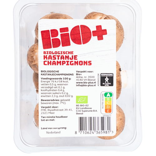 Foto van Bio+ Kastanje champignons per bak op witte achtergrond