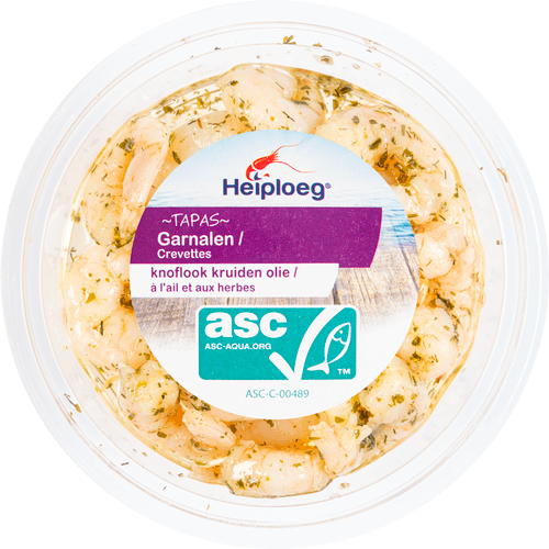 Foto van Heiploeg Garnalen in knoflook olie op witte achtergrond