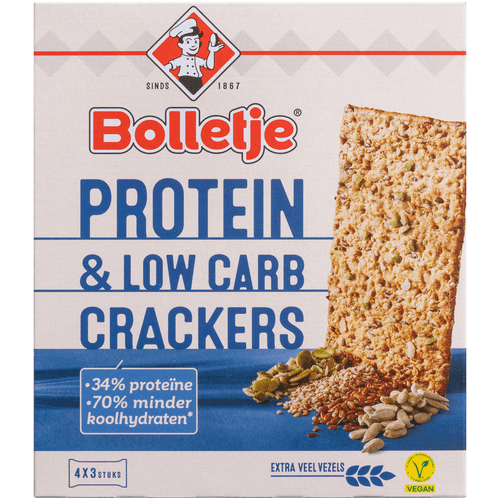 Foto van Bolletje Crackers protein low carb op witte achtergrond