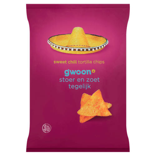 Foto van G'woon Tortilla chips sweet chili op witte achtergrond