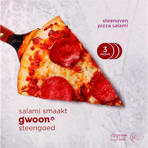 Foto van G'woon Steenoven pizza salami 3 stuks op witte achtergrond