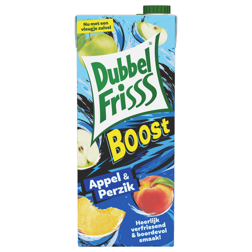 Foto van Dubbelfrisss Appel perzik boost op witte achtergrond
