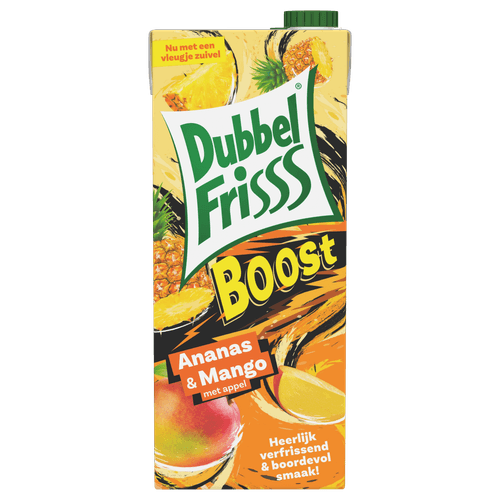 Foto van Dubbelfrisss Ananas mango boost op witte achtergrond