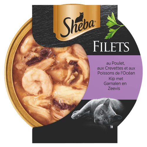 Foto van Sheba Kattenvoer filets kip garnaal zeevis op witte achtergrond