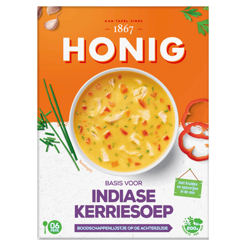 Foto van Honig Kerriesoep indiase op witte achtergrond