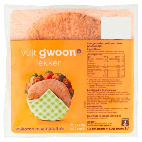 Foto van G'woon Pitabroodjes volkoren 5 st. op witte achtergrond