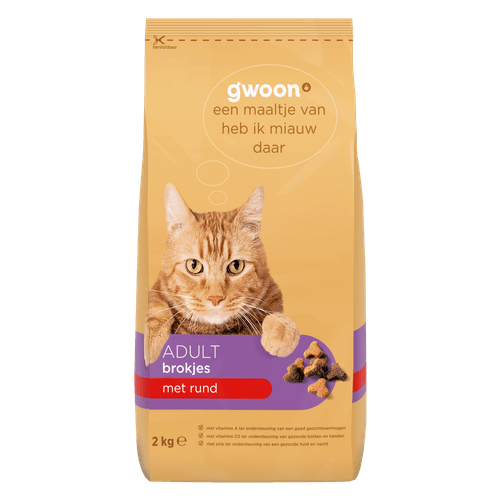 Foto van G'woon Knabbelmix adult brokjes met rundvlees op witte achtergrond