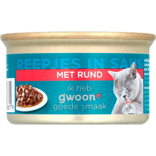 Foto van G'woon Kattenvoer reepjes rund in saus op witte achtergrond