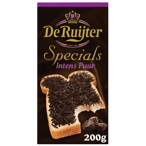 Foto van De Ruijter Chocoladehagel specials intens puur op witte achtergrond