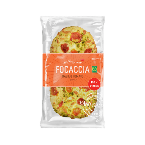 Foto van Boboli Duo focaccia basillicum & tomaat op witte achtergrond