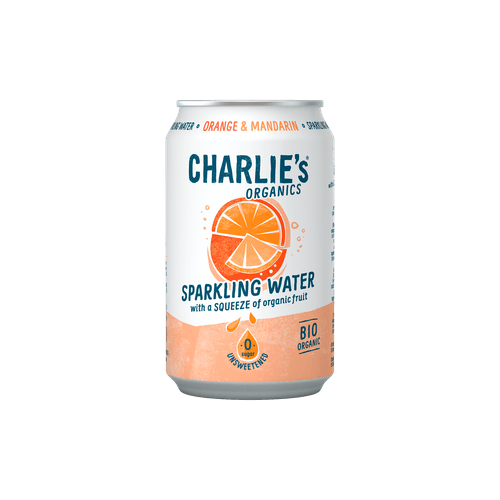 Foto van Charlie's Sparkling water orange mandarin op witte achtergrond