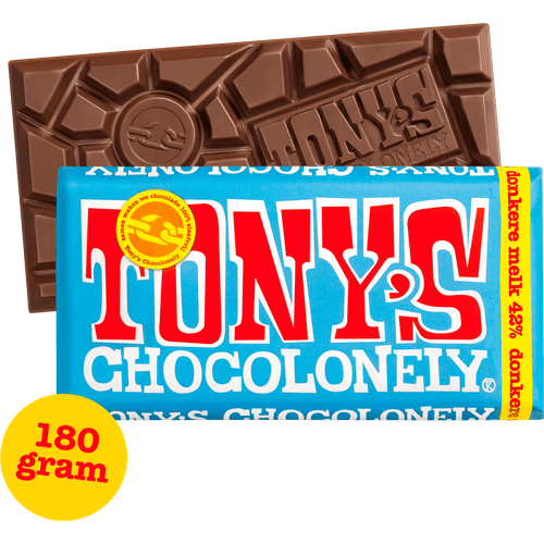 Foto van Tony's Chocolonely donkere melk op witte achtergrond