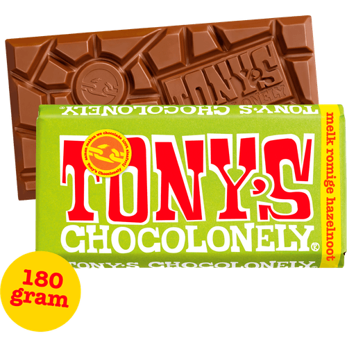 Foto van Tony's Chocolonely Chocolonely melk romige hazelnoot crunch op witte achtergrond