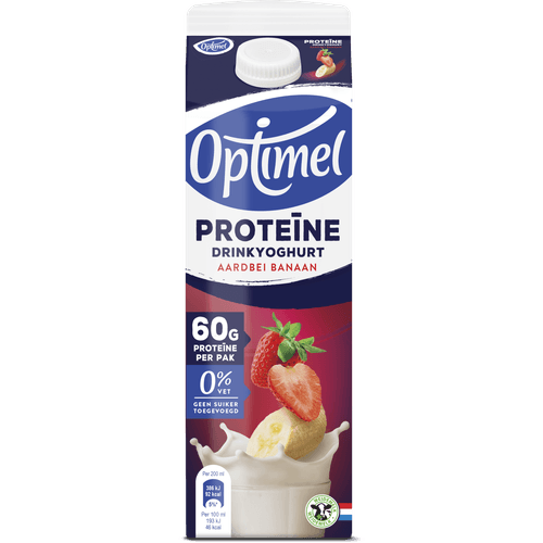 Foto van Optimel Drinkyoghurt aardbei banaan proteine op witte achtergrond