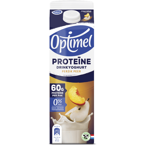 Foto van Optimel Drinkyoghurt peer perzik protein op witte achtergrond