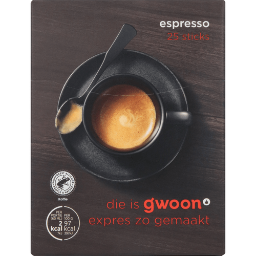 Foto van G'woon Oploskoffie espresso 25 sticks op witte achtergrond