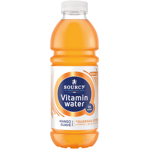 Foto van Sourcy Vitaminwater mango-guave op witte achtergrond