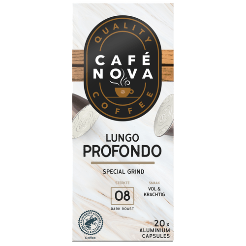 Foto van Cafe Nova Koffiecups lungo profundo op witte achtergrond