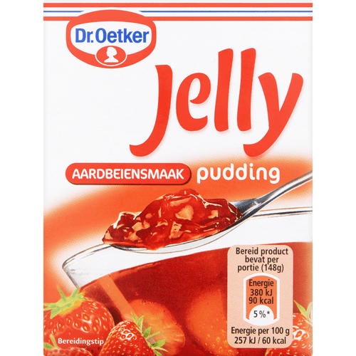 Foto van Dr. Oetker Aardbeienpudding gelei op witte achtergrond
