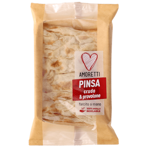 Foto van Amorreti Kaas pinsa crudo en provolone op witte achtergrond