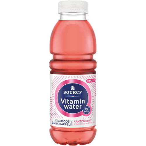 Foto van Sourcy Vitaminwater framboos-granaatappel op witte achtergrond