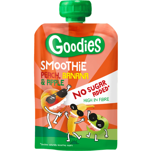Foto van Goodies Knijpzakje smoothie perzik, banaan & appel op witte achtergrond
