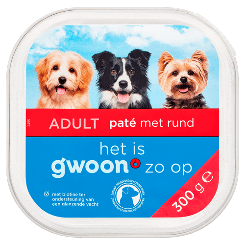 Foto van G'woon Hondenvoer alu pate rund op witte achtergrond
