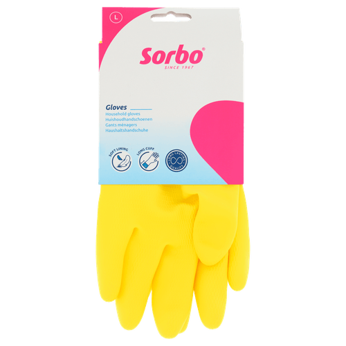 Foto van Huishoudhandschoenen geel l op witte achtergrond