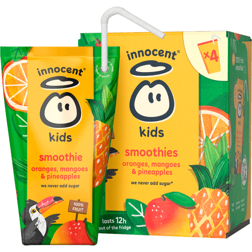 Foto van Innocent Kids smoothie sinaasappel mango ananas 4 stuks op witte achtergrond
