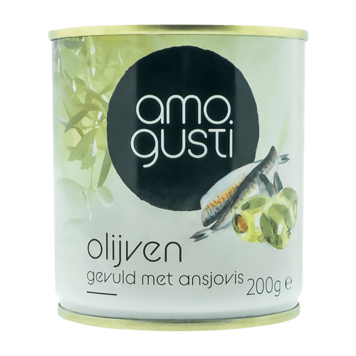 Foto van Amogusti Olijven gevuld met ansjovis op witte achtergrond